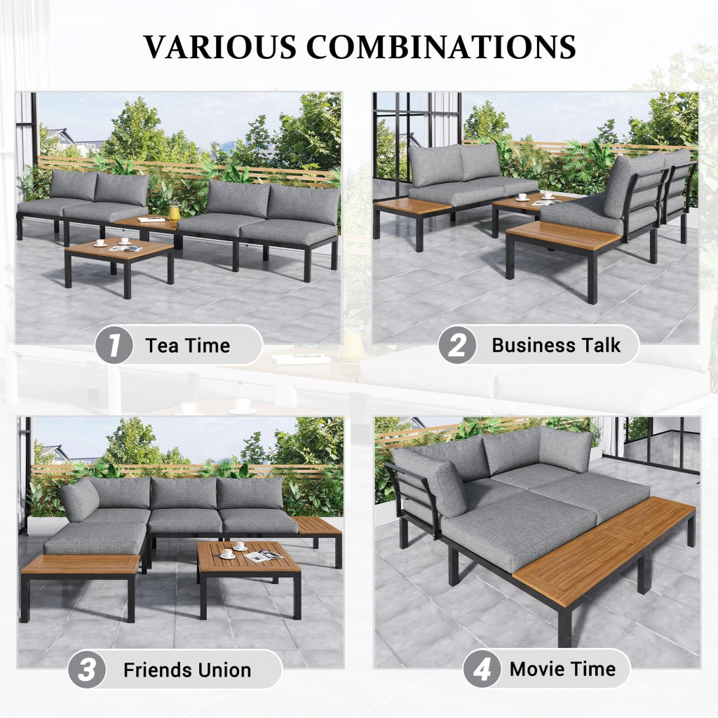 Set salotto giardino: 2 Divanooi 2 posti + 2 tavolini + 1 tavolo; piano acacia; cuscini tessuto; grigio