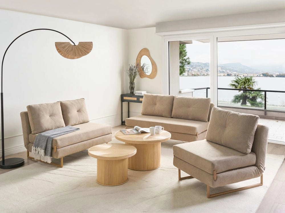 Set da salotto in tessuto marrone chiaro 3 posti 2 posti e 1 posto a sedere per 6 persone Funzione letto pieghevole