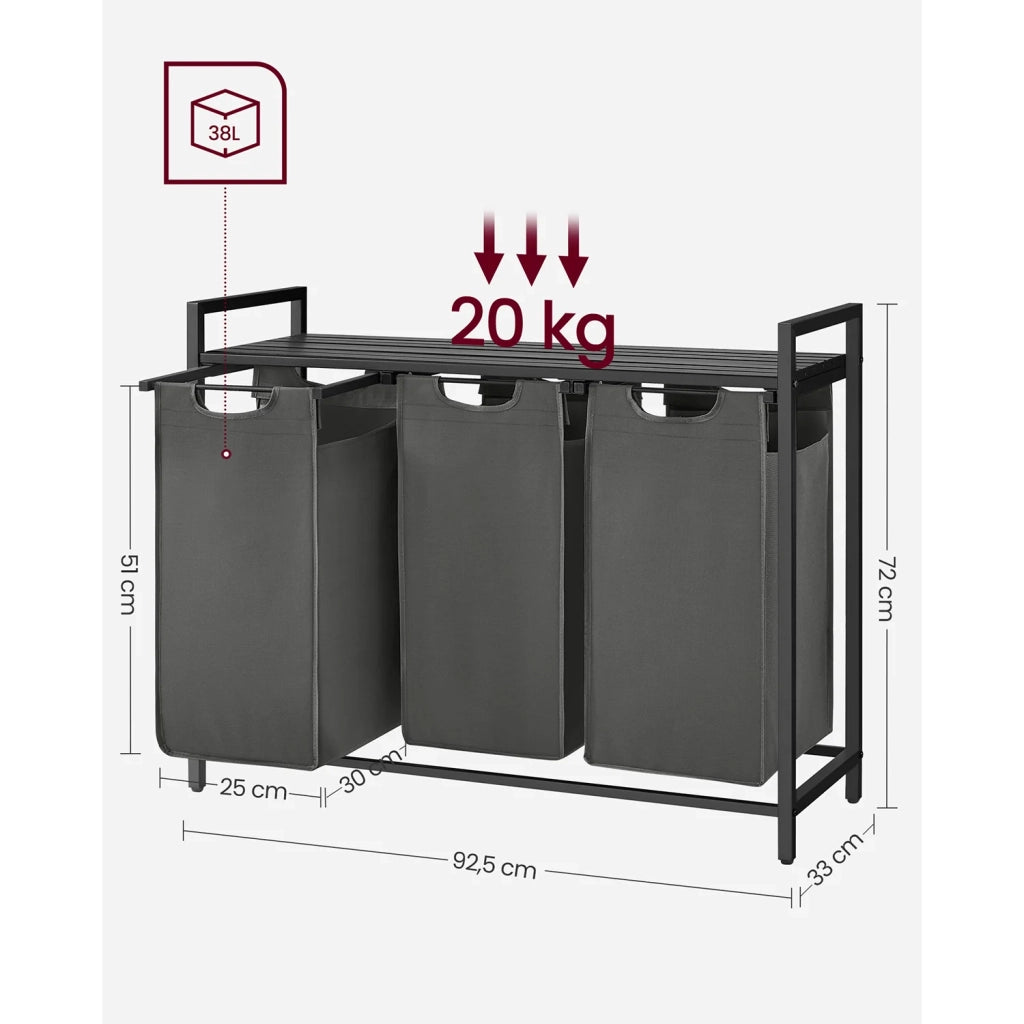 Cesto portabiancheria con 3 scomparti e 1 ripiano rimovibile per sacchetti capacità 38 l per sacchetto per bagno/lavanderia grigio 12_0006757