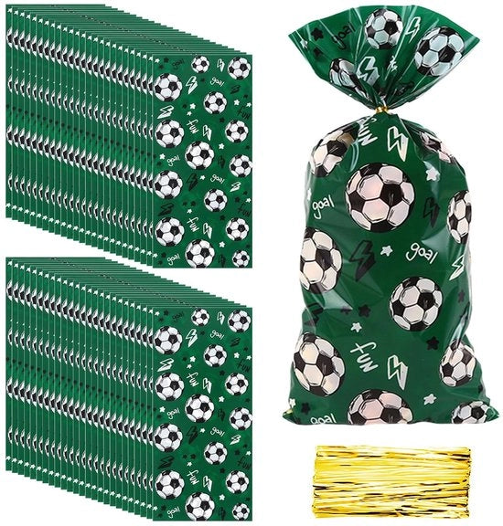 Pacchi di regalo tema calcio - 50 pezzi - Cinturini di filo dorato - Colore verde - 27,5 x 12,5 cm - Materiale OPP duraturo - Pacchetti di dolciume