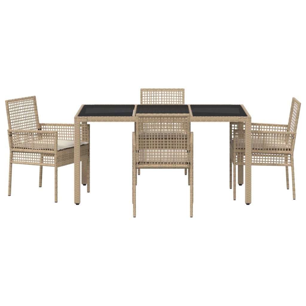 Set da Pranzo da Giardino di 5 Pezzi con Cuscini Beige in Rattan Sintetico