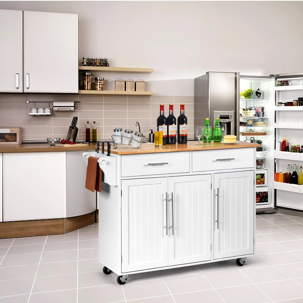 Carrello da cucina in legno con 2 cassetti e maniglia, Armadietto da cucina con ruote 122x45,5x92,5cm Bianco-Carrelli
