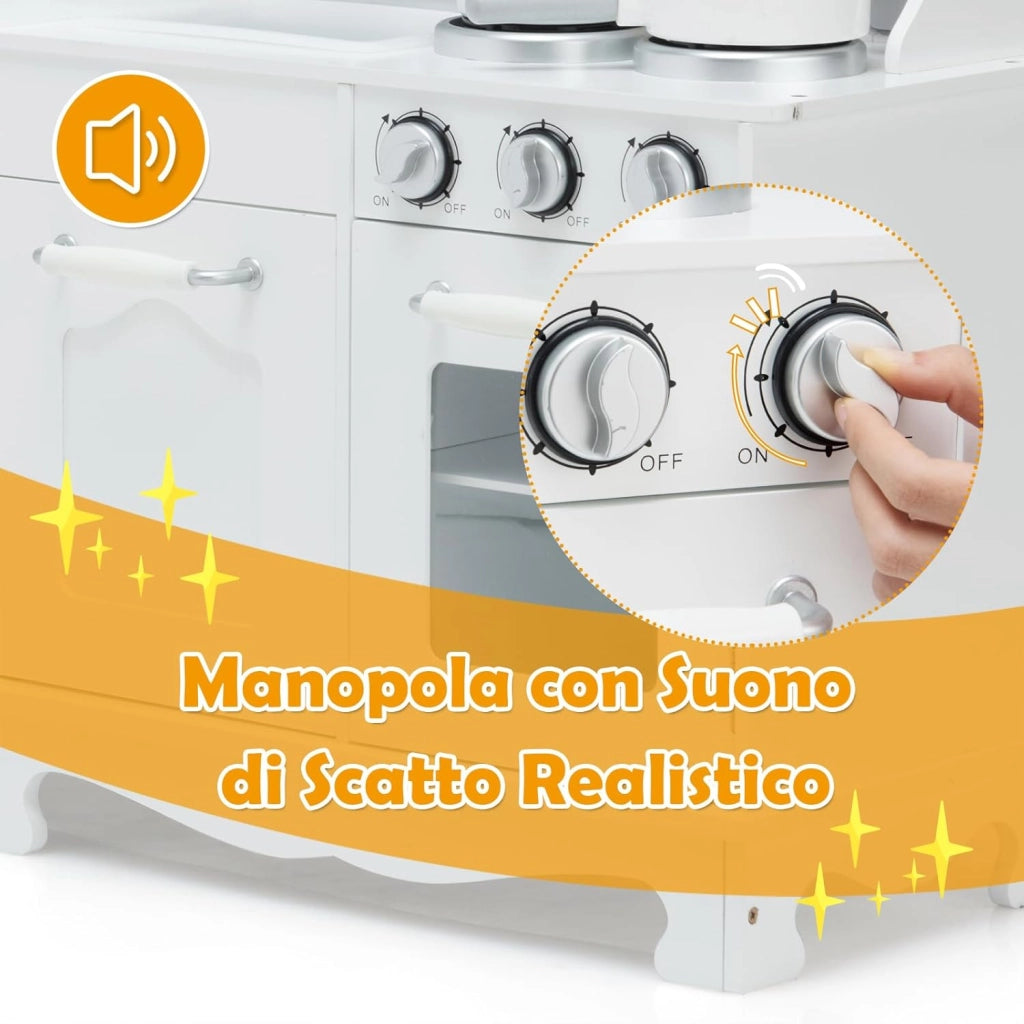 Cucina Giocattolo per Bambini in Legno, Cucina per Bambini con Telefono, Lavello, Forno Fornelli, Frigo e Distributore Acqua, con Luci e Suoni Realistici, Bianco