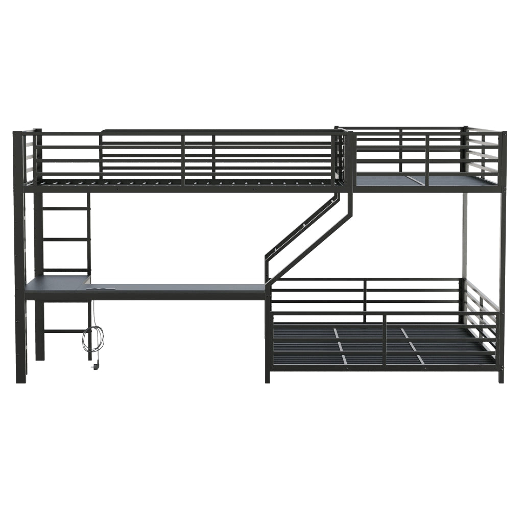 Letto a castello tre posti letto 90 × 200 cm e 140 × 200 cm con scrivania prese USB Type-C in metallo nero