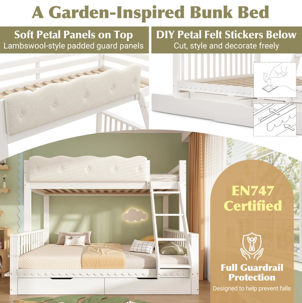 Letto a castello per bambini e adulti 90x200/140x200 cm in legno bianco con cassetti e portariviste