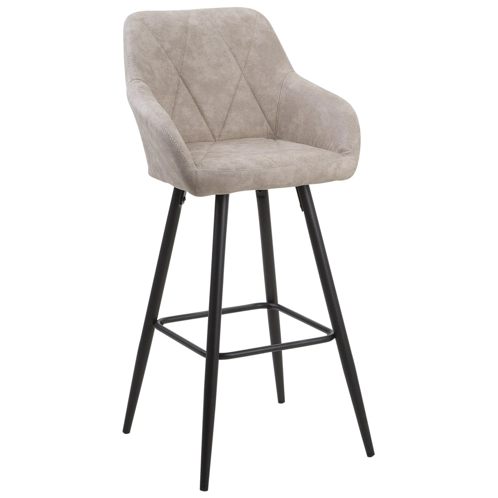 Set di 2 Sgabelli da Bar Rivestiti in Tessuto Beige con Braccioli Schienale Trapuntato Gambe in Metallo Nero