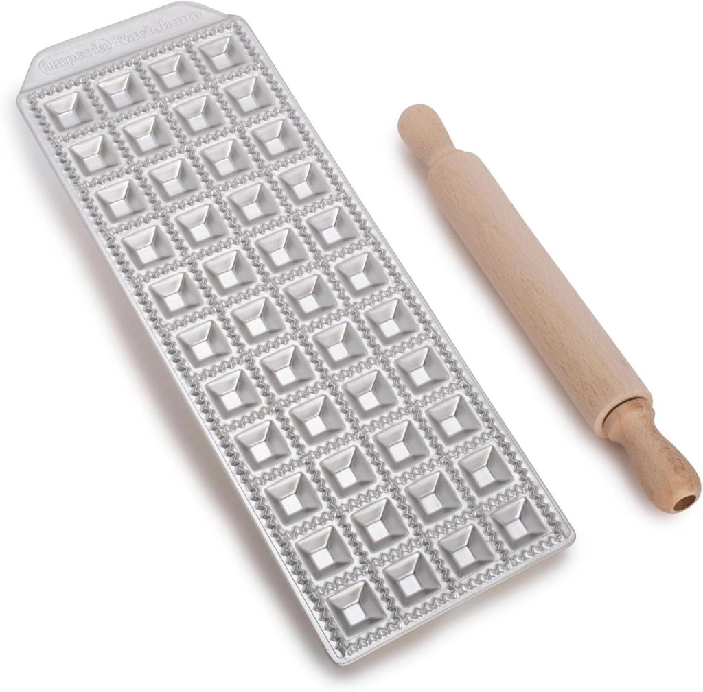 Imperia 3300 Raviolamp Stampo per Ravioli 44 Raviolini da Brodo in Alluminio con Rullo in Legno