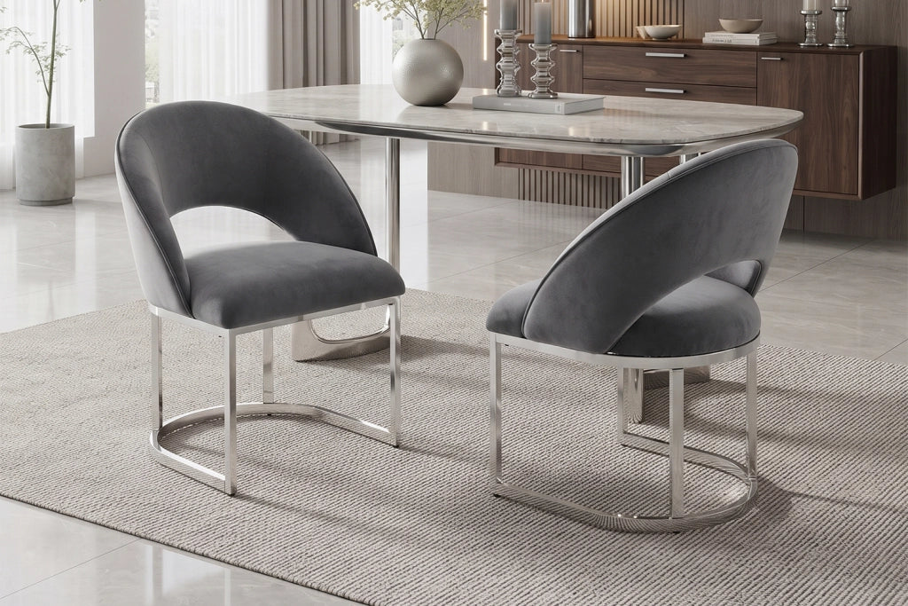 SEDIA da pranzo, Set da 4 pezzi, in velluto grigio con gambe argentate