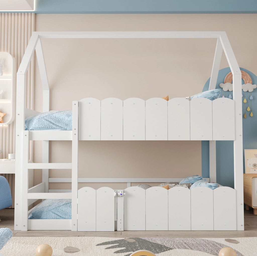 Letto a castello per bambini a forma di casa 90x200 cm in legno; bianco