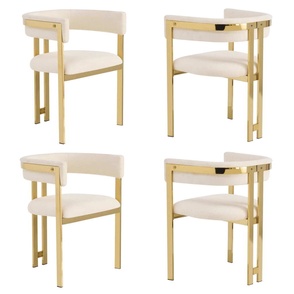 Set di 4 sedie da pranzo in chenille beige e oro, con schienale semicircolare C e struttura in metallo