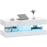 Tavolino da Salotto con Cassetti e Luci LED, Tavolino da Caffè Moderno con Ripiano Aperto, Tavolino, Truciolato, Bianco