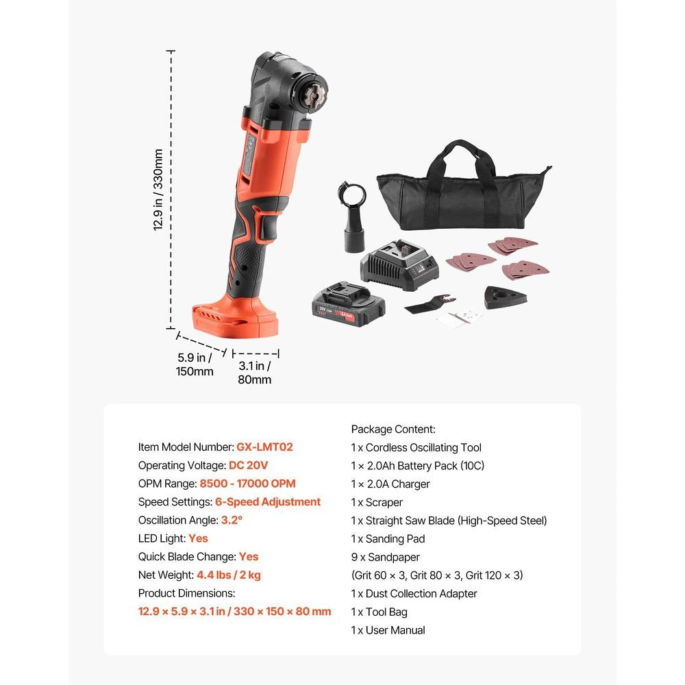 Cordless Oscillating Tool, 20V Oscillating Multi Tool Kit With 6 Variable Speeds 8500 - 17000 OPM, 3.2° Oscillating Angle, 2.0Ah Battery Pack & Charger, 12PCS Saw Accessories & LED Work Light