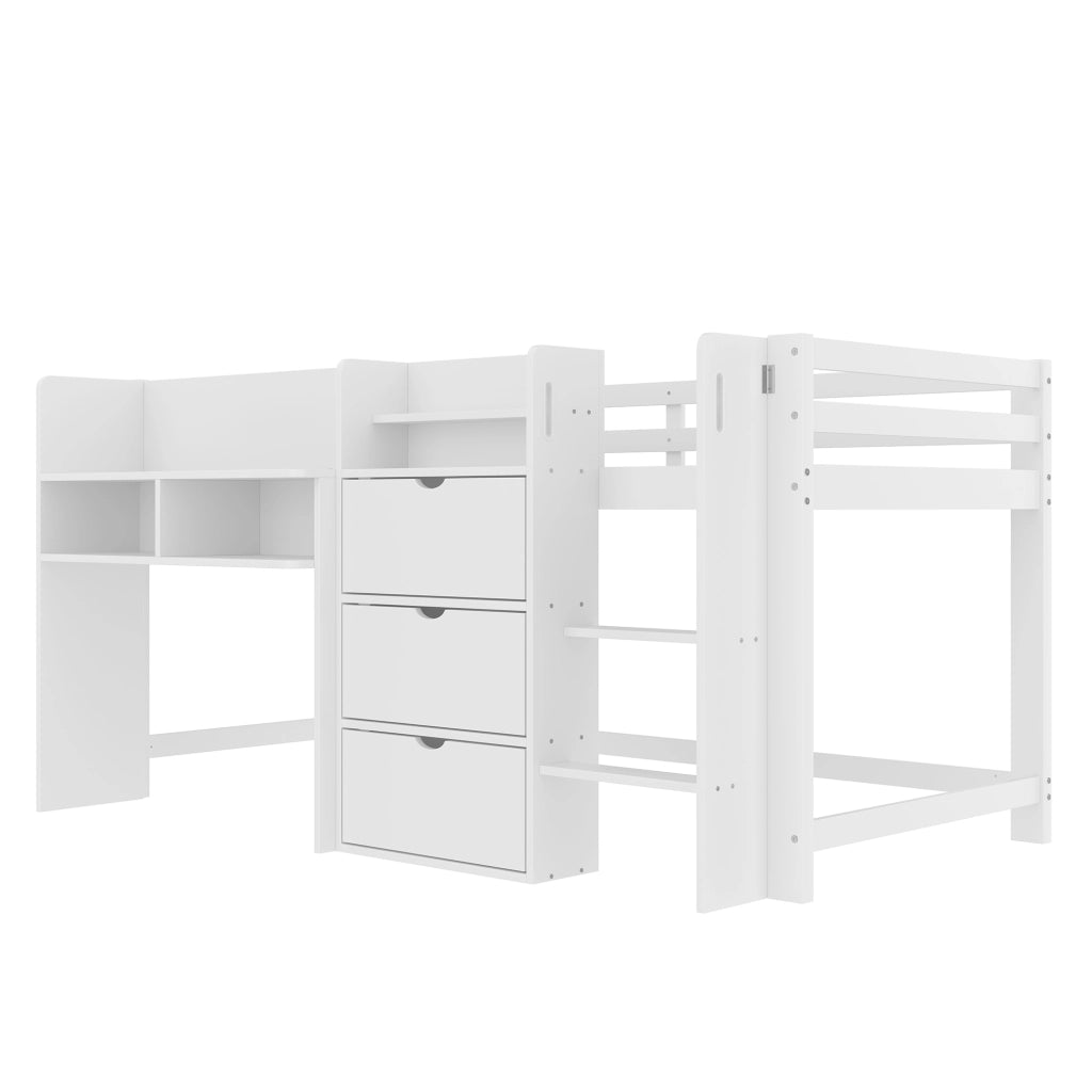 Letto alto bianco in pino con vani di stoccaggio e zona intrattenimento 90x200 cm