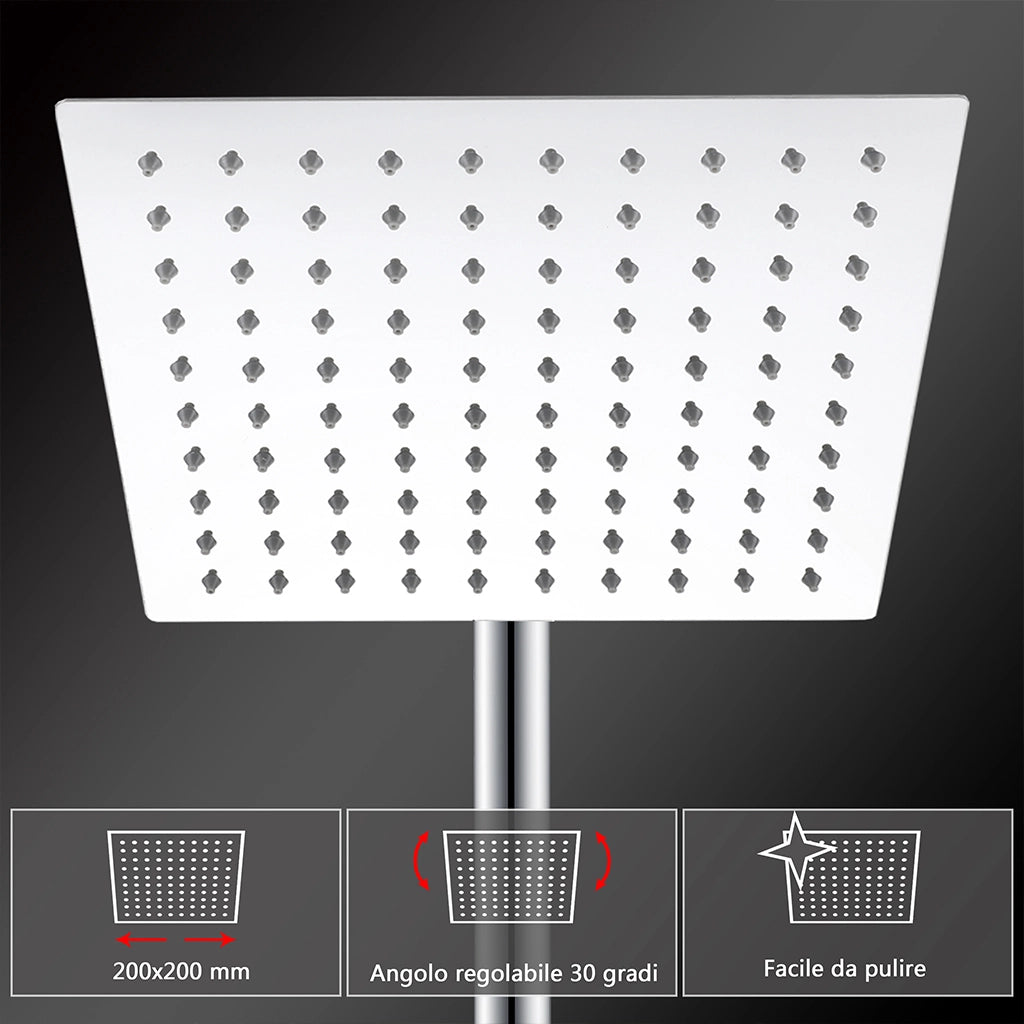Colonne doccia cromo, soffione doccia quadrato 20x20cm acciaio inox, saliscendi doccia tondo regolabile 72-120cm