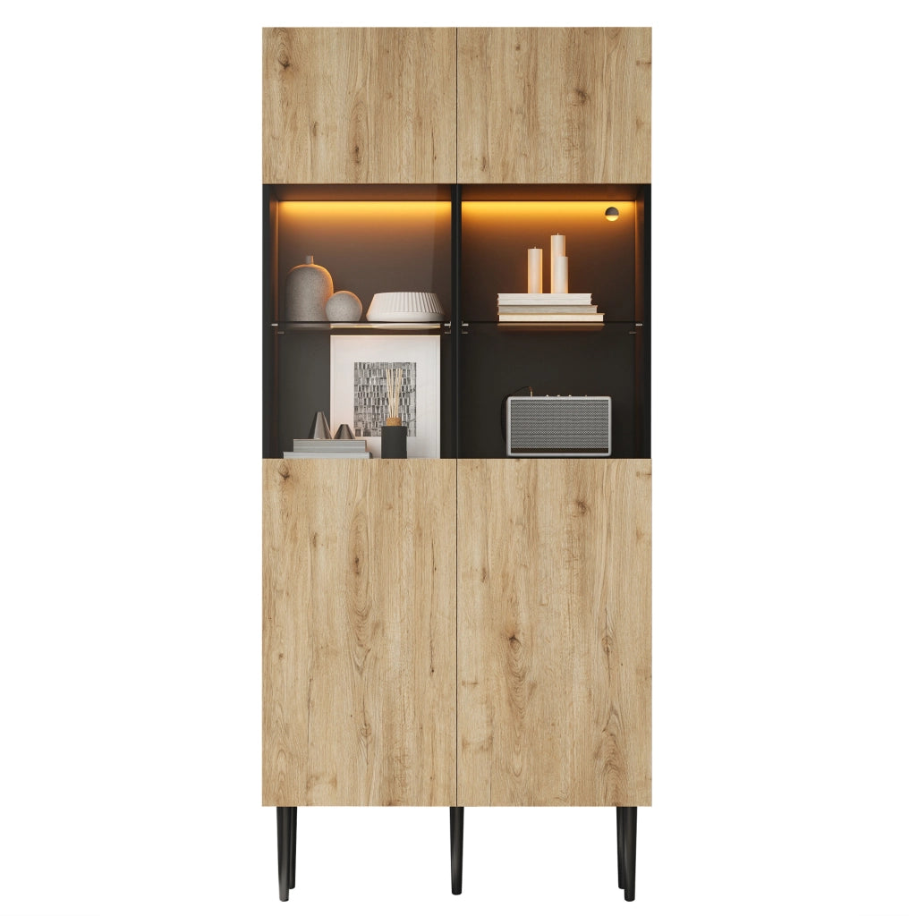 Vetrina moderna 80 x 35 x 180 cm con LED; 10 ripiani; ante in vetro temperato; nero e legno naturale