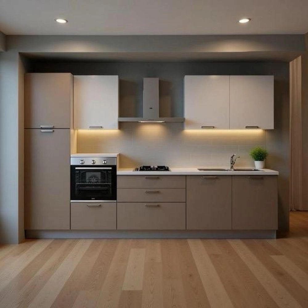 Cucina lineare completa di elettrodomestici basi tortora e pensili bianchi Luna sinistra 330