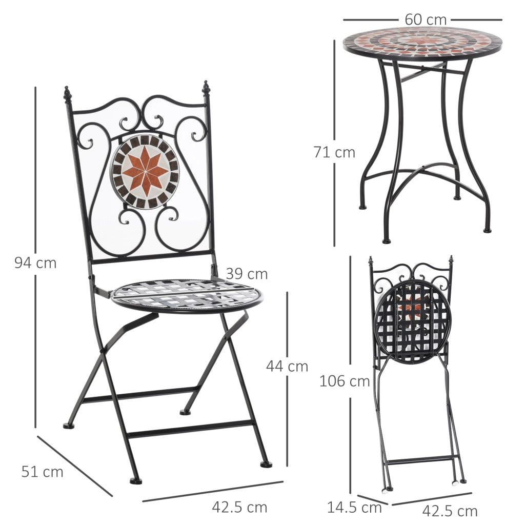 Mobili da Giardino Set da 3 Pezzi con 2 Sedie Pieghevoli e 1 Tavolino, in Metallo e Ceramica