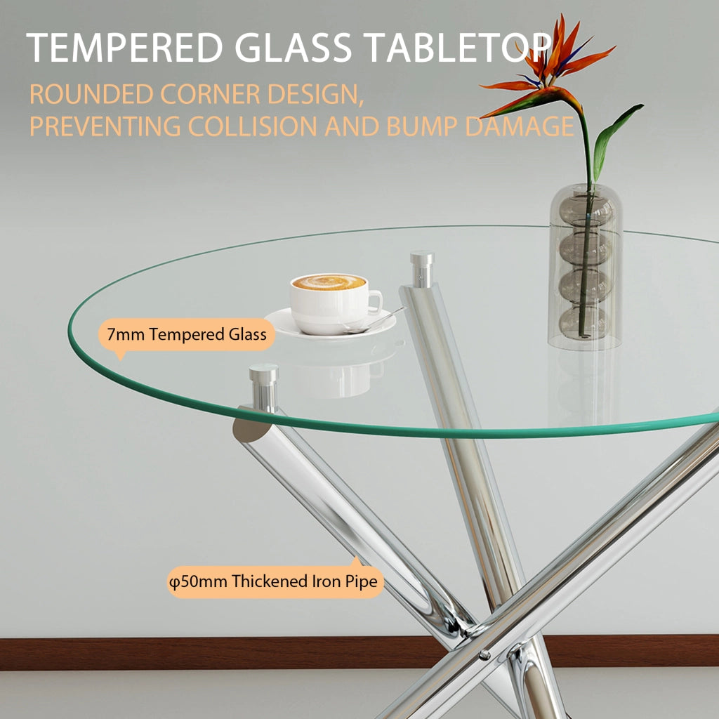 Tavolo da pranzo rotondo con piano in vetro temperato e gambe in metallo, per 2-4 persone, argento, 80 × 80 × 76 cm