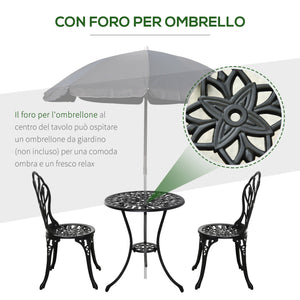 Set Tavolino e 2 Sedie da Giardino in Alluminio Nero
