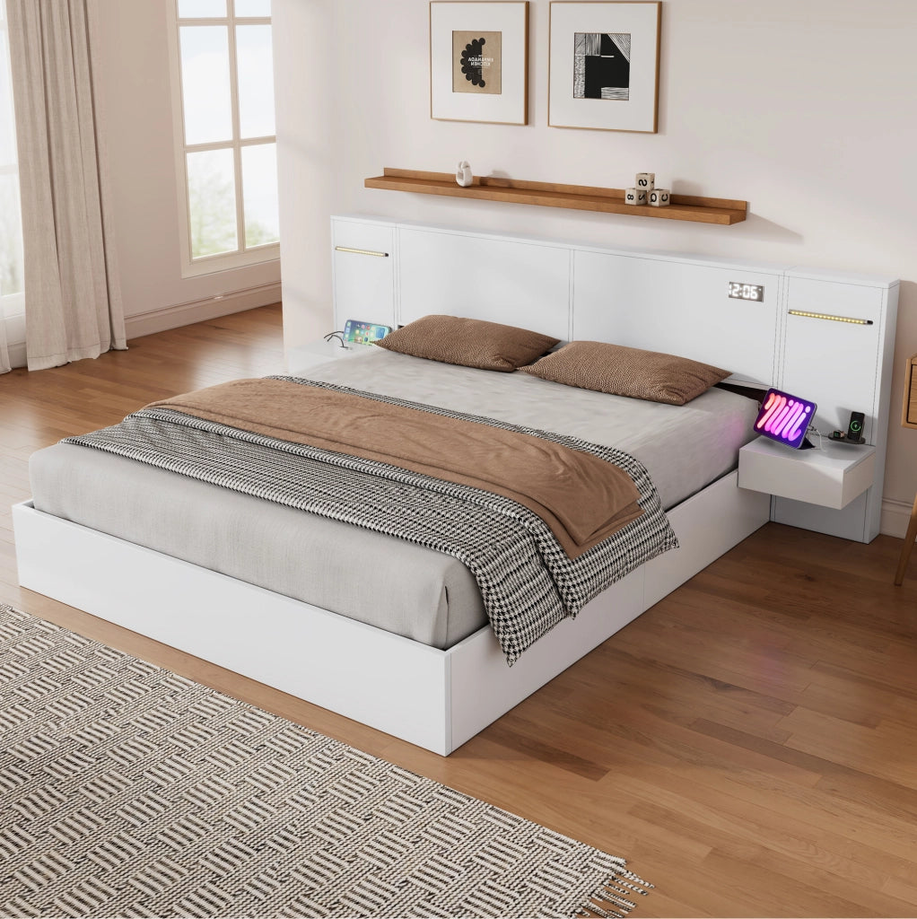 Letto 180x200 cm con Bluetooth; orologio elettronico; luci LED e USB in MDF bianco