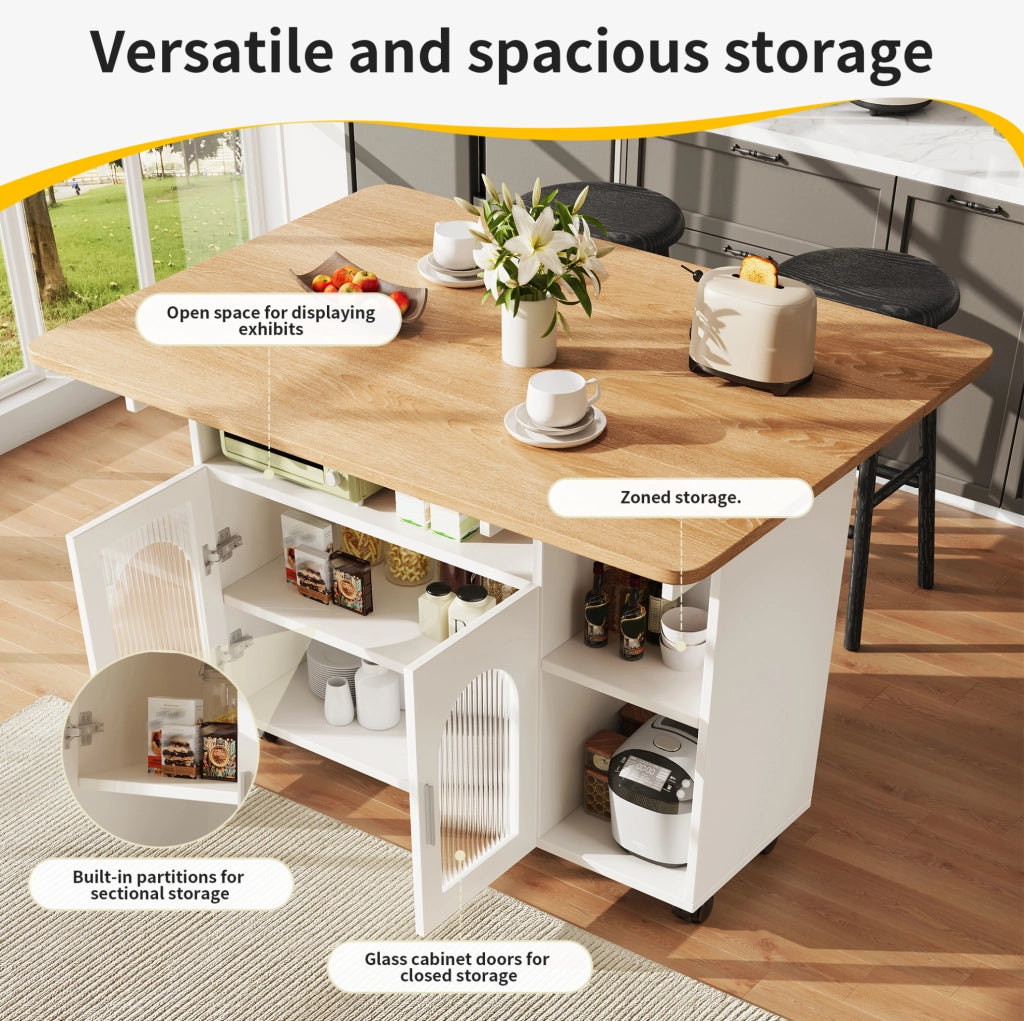Isola da cucina pieghevole 120 cm con ruote e contenitore