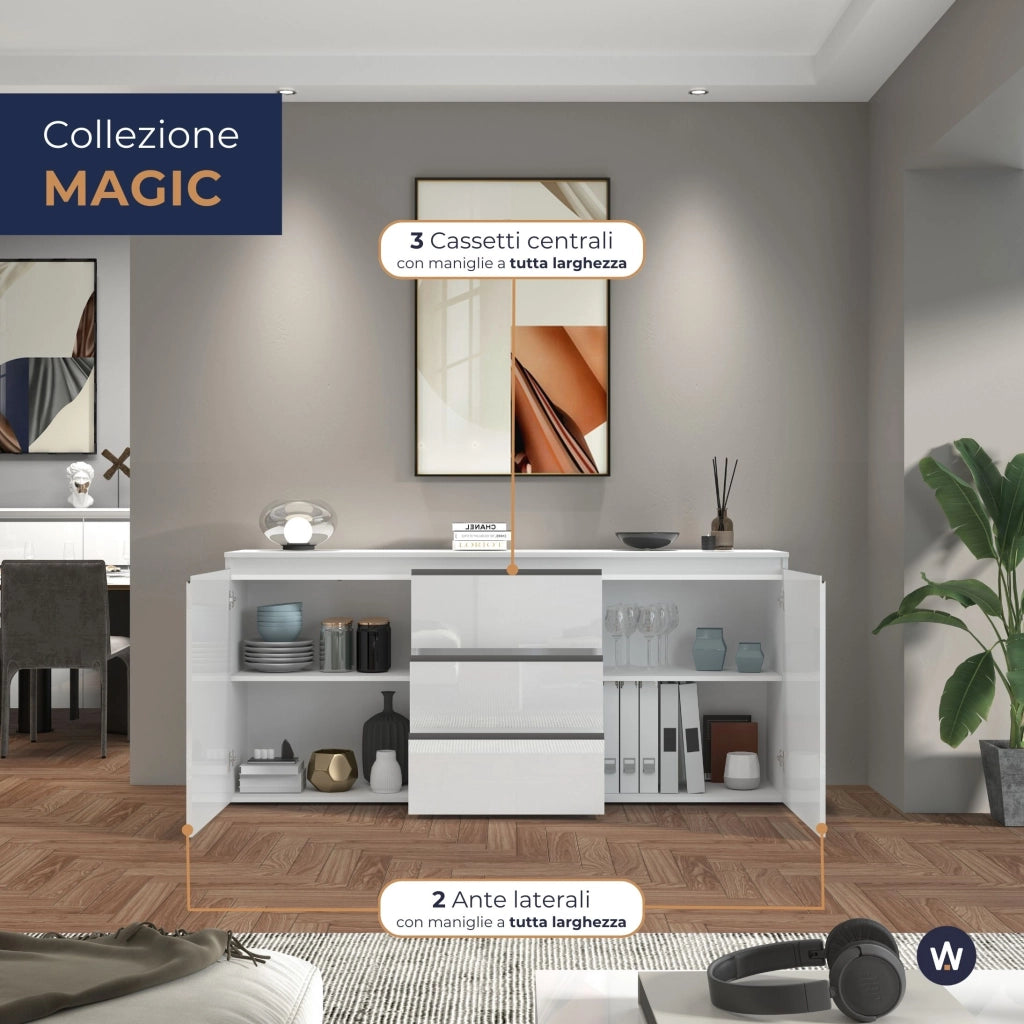WHOUS Credenza a cassettiera Magic 2 ante e 3 cassetti bianco lucido 180x40x80 cm