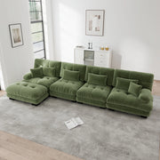 Divano angolare modulare 4 posti con pouf mobile e cuscini in ciniglia verde per soggiorno 406 × 145 × 81 cm