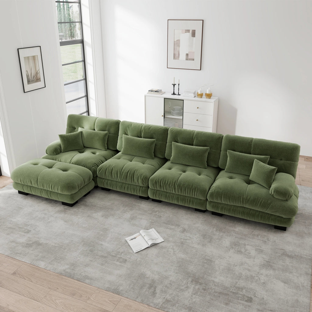 Divano angolare modulare 4 posti con pouf mobile e cuscini in ciniglia verde per soggiorno 406 × 145 × 81 cm