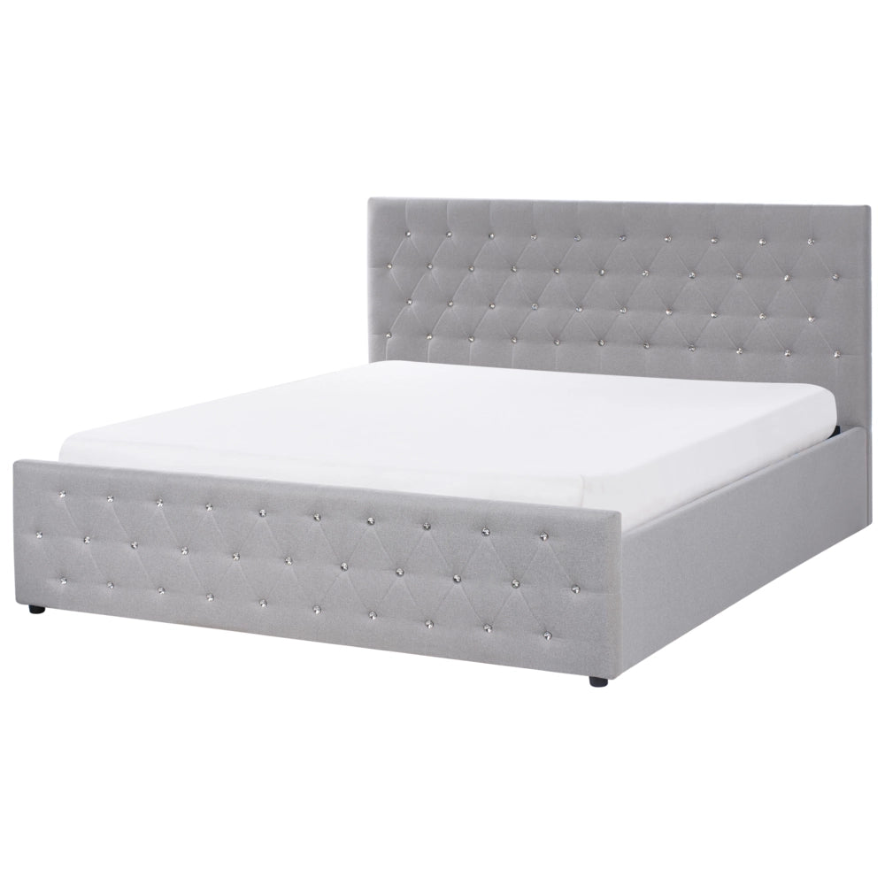 Letto matrimoniale imbottito in poliestere beige con testata imbottita con pouf 180 x 200 cm testiera doppia trapuntata