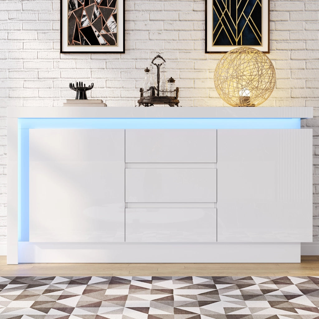 Credenza con 2 ante; 3 cassetti e LED - per soggiorno - 140×35×72 cm - bianco