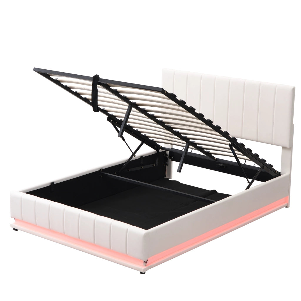 Letto Imbottito Contenitore 140x200 ¨C MINIMAL ¨C Bianco, LED, Testiera Regolabile, Idraulico