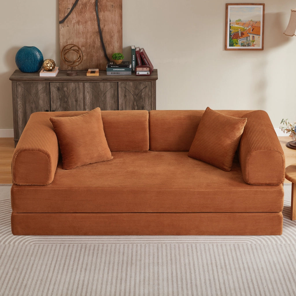 Divano letto pieghevole con struttura in acciaio e 2 cuscini da terra per soggiorno o camera in schiuma terracotta