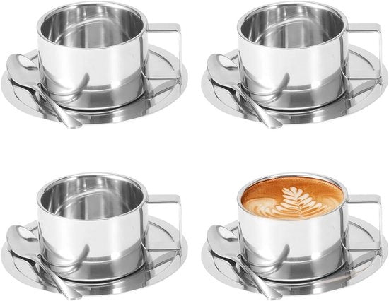 Set di tazze da caffè in acciaio inossidabile, 4 pezzi, tazze isolate da 200 ml/7 oz con cucchiai e ciotole, adatte per caffè, latte, tè e latte.