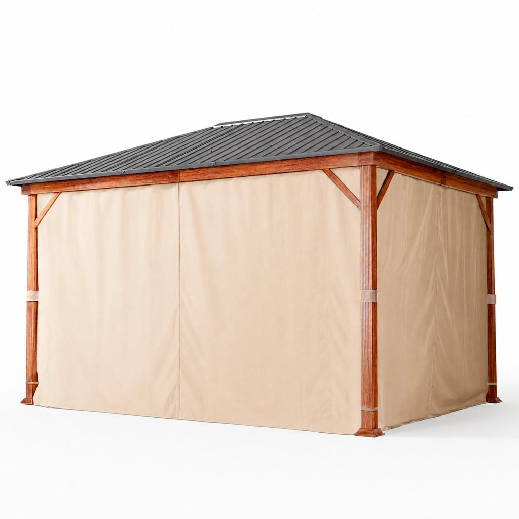 Gazebo 3X4 Metri Per Giardino Con Tetto In Acciaio Zincato Struttura Effetto Legno Tende Laterali Impermeabile Per Outdoor Patio Terrazza 300 X 400 X 295 Cm Effetto Legno E Beige