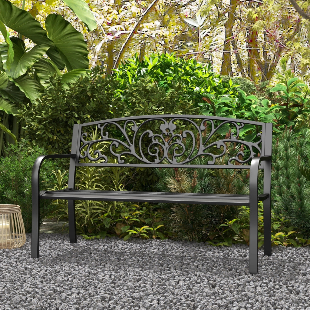 Panchina da giardino 2 posti in metallo con schienale decorato e braccioli; nera; 127x60x87 cm