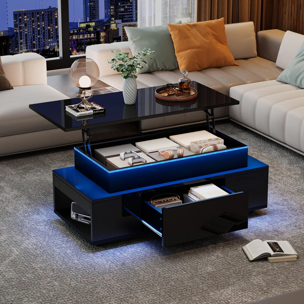 Tavolino Da Caffè Sollevabile con 1 Cassetto e Vano Nascosto; LED; Nero Lucido; in Pannello Truciolare; 96×45×40 cm