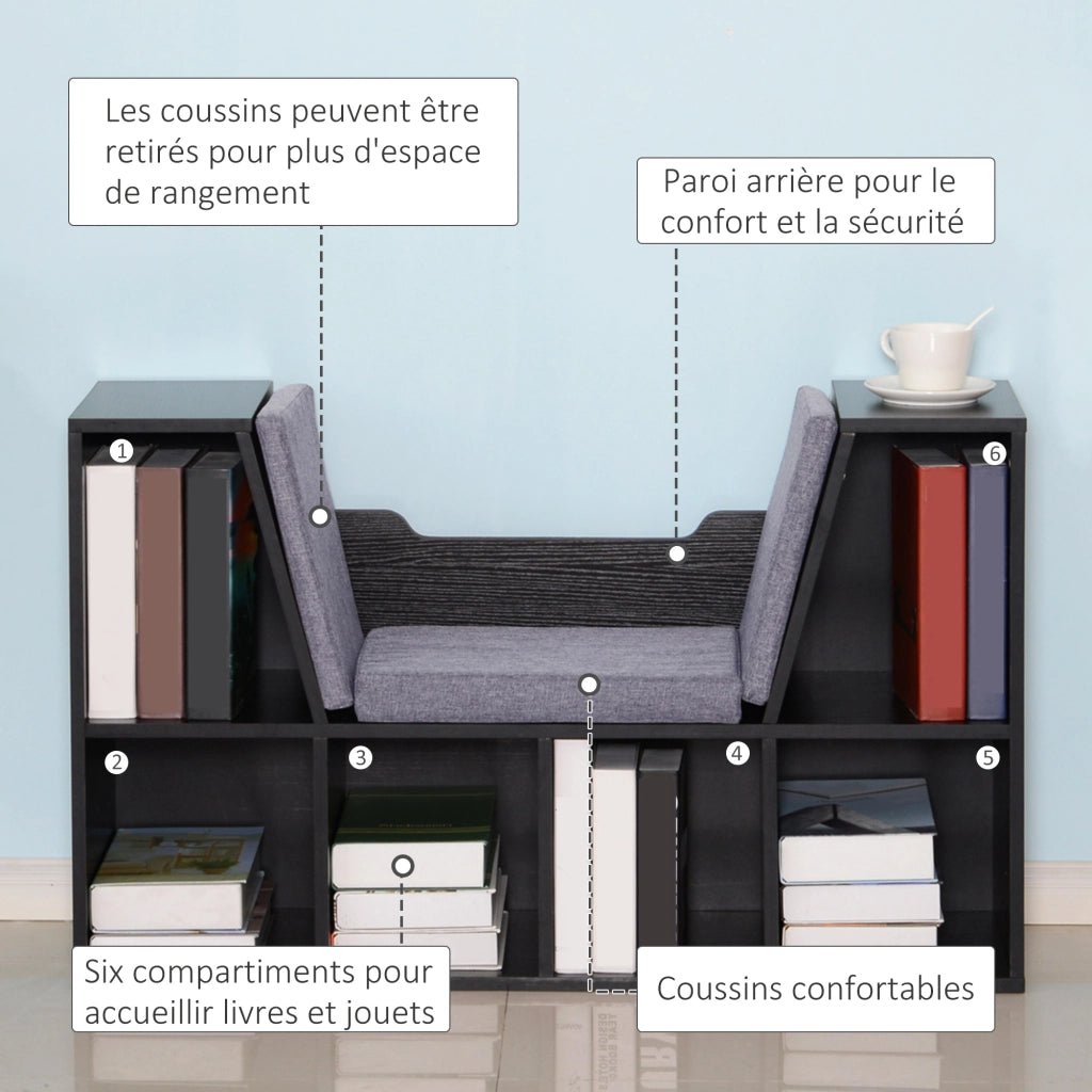 Libreria a Banco 2 in 1 con Cuscini ¨C Zephmum ¨C 102x30x61 cm, Nero