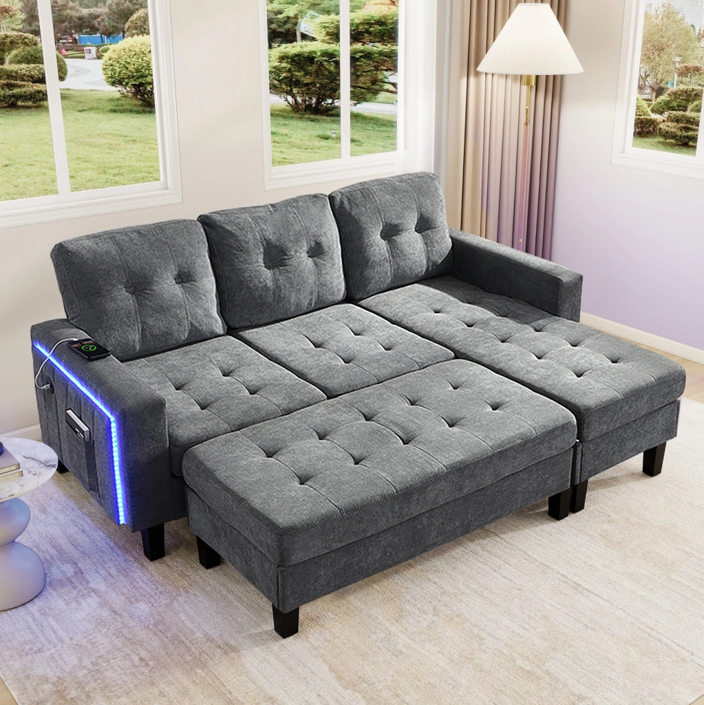 Divano letto angolare 185x135x85 cm; modulare con pouf mobile; LED e USB in chenille grigio antico