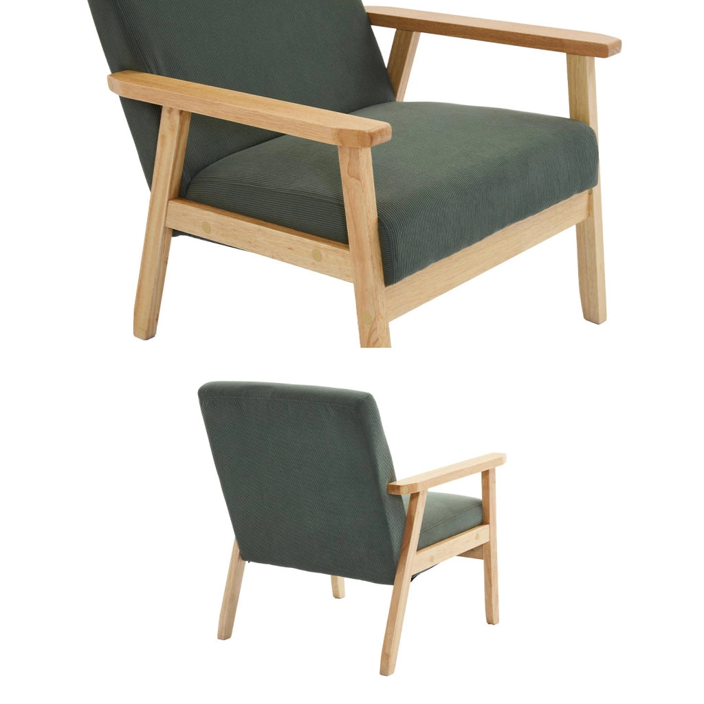 Poltrona scandinava in legno e velluto a coste, kaki