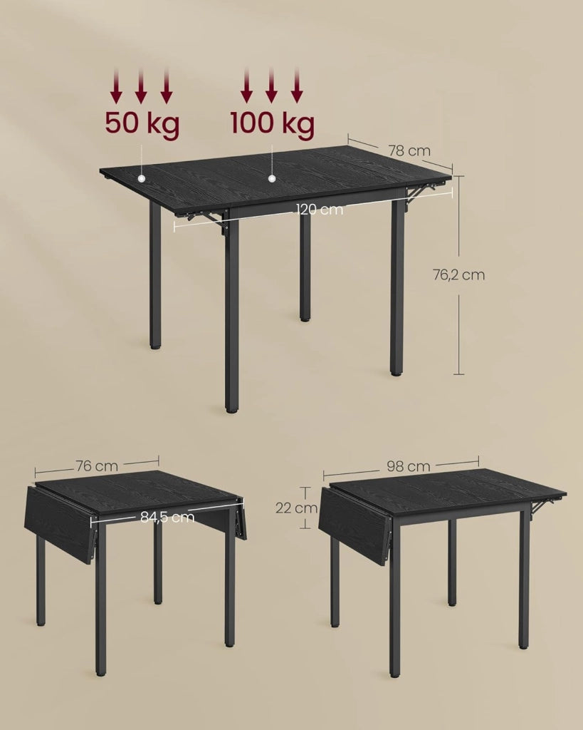 VASAGLE Tavolo da pranzo pieghevole, allungabile, per piccoli spazi, 2-4 persone, industriale, 78 x 120 x 76,2 cm, nero ebano e nero inchiostro KDT077B03