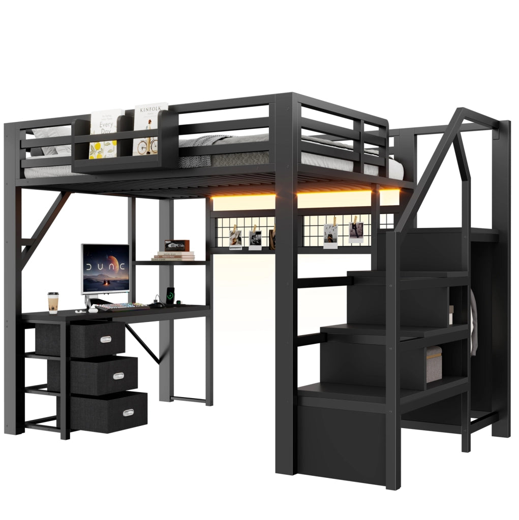 Letto a soppalco ULEVR 140x200 cm con scrivania, armadio, 3 cassetti e LED Bluetooth, nero