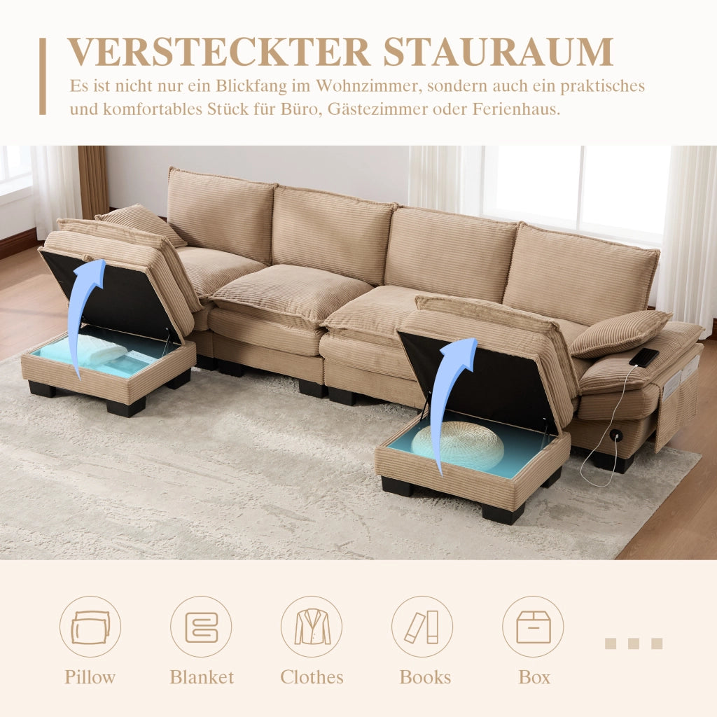 Divano modulare 4 posti con pouf, seduta ampia ergonomica, USB-C e tasche laterali in velluto a coste khaki