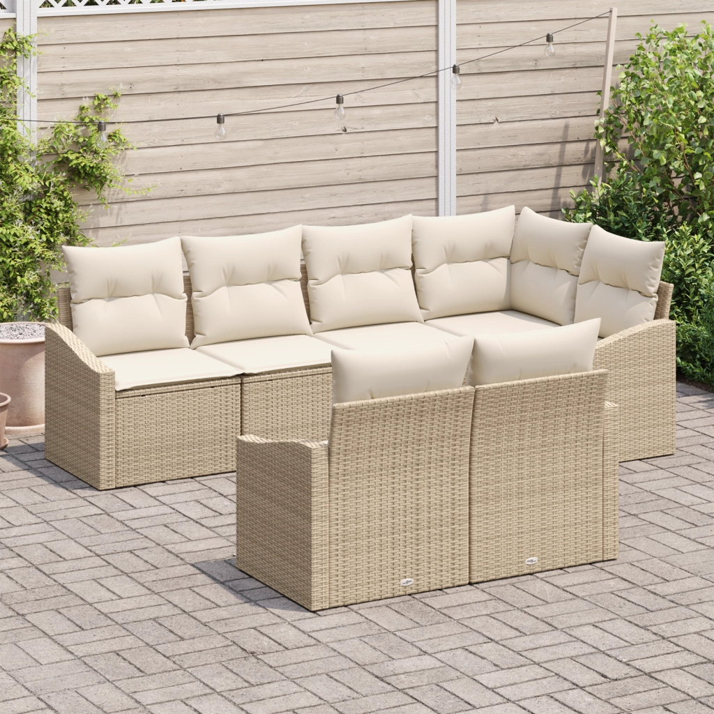 Set da pranzo da giardino 7 pezzi con cuscini beige in polyrattan