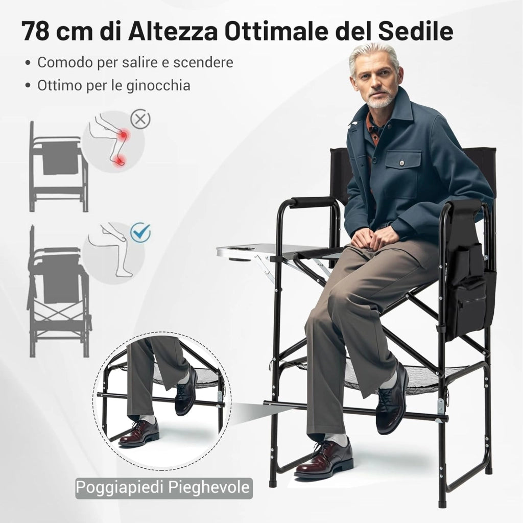 Sedia da Direttore Alta 116,5 cm, Sedia Campeggio Pieghevole per Truccatori con Tavolo Laterale Pieghevole & Poggiapiedi, Borsa in Rete e Tasca di Stoccaggio, Portata 150 kg