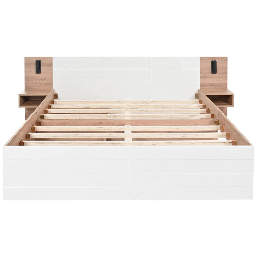 Letto Matrimoniale in Legno con Cassetti e Testiera LED ¨C MINIMAL ¨C Rovere/Bianco 140x200