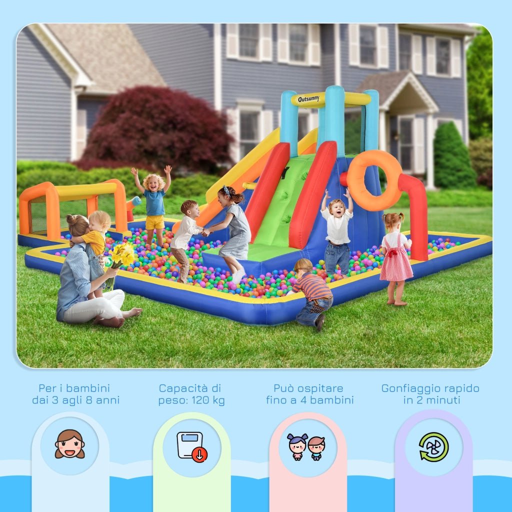 Casetta per Bambini 3-8 Anni con Scivolo, Parete, Porta e Canestro ¨C Zephmum ¨C 590x460x220 cm