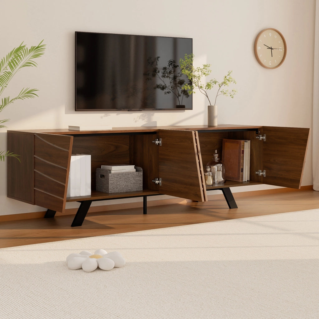 Mobile TV 160x39x50;5 cm con frontale ondulato; passacavi e gambe in ferro; noce