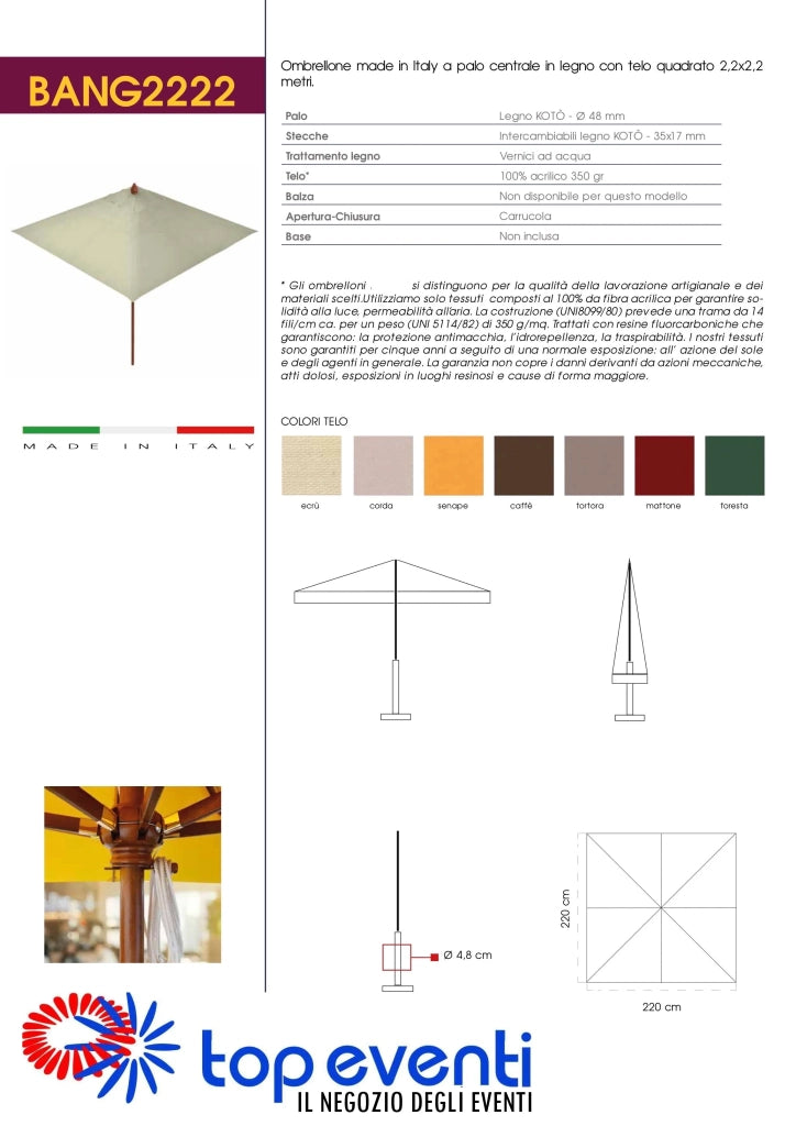 Ombrellone in legno palo centrale telo quadrato Made in Italy - 400x400 - con balza - Ecru