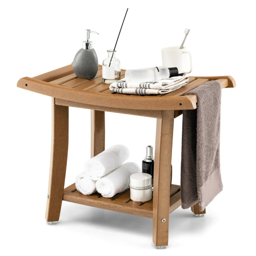 Panca da doccia impermeabile con sedile curvo ripiano per riporre gli oggetti, Sgabello da bagno versatile Marrone-Sedie per doccia