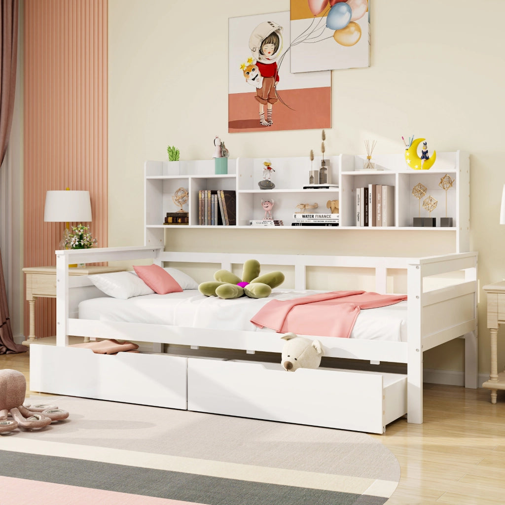 OKWISH Letto a Divano 90×200 cm, Letto Singolo con 2 Cassetti, Mensole e Scomparti, senza Materasso, in Legno, Bianco